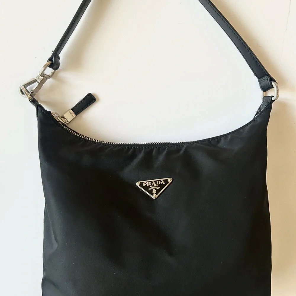 Prada Black Nylon Hobo with Silver Logo Plaque